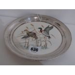 STERLING SILVER CIRCULAR MOUNTED DISH, with ceramic centre depicting ducks in flight, 20cm diameter
