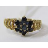 9ct YELLOW GOLD SAPPHIRE CLUSTER RING, size N/O