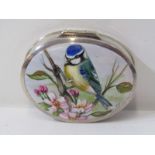 SILVER PILL BOX, with applied picture of blue tit amongst flowers