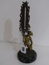 TABLE TOP THERMOMETER, marble based gilt fisher boy figure, 23cm height