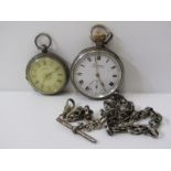 2 SILVER CASED POCKET WATCHES, with white metal Albert chain, both untested condition
