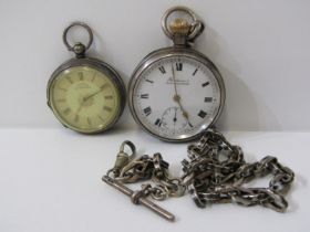 2 SILVER CASED POCKET WATCHES, with white metal Albert chain, both untested condition