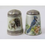 2 WHITE METAL ENAMELLED THIMBLES, 1 depicting black and white poodle, 1 depicting an American blue