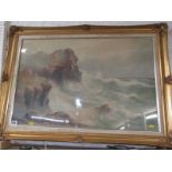 J.C. UREN, SIGNED WATERCOLOUR, "Breaking waves at cliff base", 57cm x 76cm