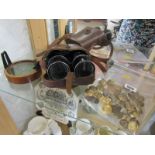 MILITARY, a collection of military buttons, leather-cased binoculars by Lumiere and sighting compass