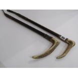EQUESTRIAN, 2 silver collared antler handled riding crops