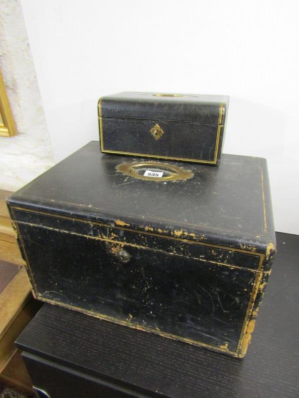 ANTIQUE DOCUMENT BOX, black leather cased document box with brass inset handle, 38cm width, and