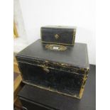 ANTIQUE DOCUMENT BOX, black leather cased document box with brass inset handle, 38cm width, and