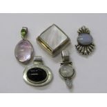 SILVER PENDANTS, selection of stone set silver pendants, including moon stone, mother of pearl, rose