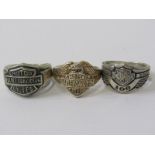 HARLEY DAVIDSON RINGS, 3 heavy silver Harley Davidson rings, various sizes