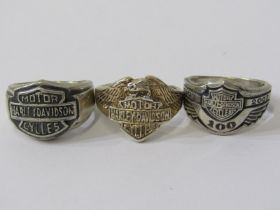 HARLEY DAVIDSON RINGS, 3 heavy silver Harley Davidson rings, various sizes