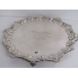 GEORGIAN DESIGN LARGE SILVER PRESENTATION SALVER, with shell and scroll border by Elkington,