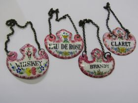 ANTIQUE ENGLISH ENAMEL, set of 4 floral decorated enamelled decanter labels "Claret/Brandy/Whiskey