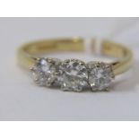 18ct 3 STONE DIAMOND RING, 3 bright well matched brilliant cut diamonds totalling 1 carat, stamped