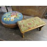 VICTORIAN TAPESTRY CIRCULAR WALNUT FRAME FOOT STOOL & 1 OTHER
