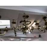 LIGHTING, set of 3 ornate brass electroliers with matching wall bracket light and accessories