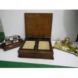 EDWARDIAN OAK BOOK DESIGN WRITING BOX, together with 2 Edwardian standishes