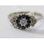 18ct WHITE GOLD SAPPHIRE & DIAMOND CLUSTER RING, principal brilliant cut diamond surrounded by 8