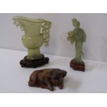 LIBATION CUP, jade libation cup on a carved wood stand (12cm plus stand), repair to lip also a jade