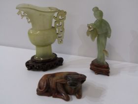 LIBATION CUP, jade libation cup on a carved wood stand (12cm plus stand), repair to lip also a jade