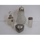 CUT GLASS SCENT BOTTLE WITH SILVER MOUNT, also heart shaped cut glass vanity jar, 2 other vanity