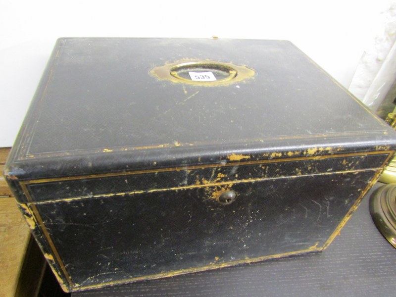 ANTIQUE DOCUMENT BOX, black leather cased document box with brass inset handle, 38cm width, and - Image 4 of 5