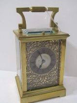 REPEATER CARRIAGE CLOCK, ornate engraved and pierced bird and garden front and side panels, coiled