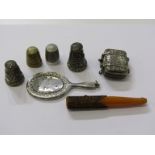 SELECTION OF SILVER & WHITE METAL ITEMS, including miniature mirror, pill box, thimbles, etc