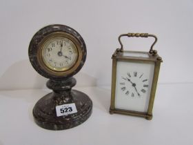 SERPENTINE, circular base serpentine bedroom clock, 15cm height; also brass cased carriage clock