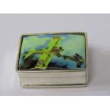 SILVER PILL BOX, with applied picture to lid, depicting dog fight between two WWI bi-planes,