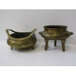 ORIENTAL METALWARE, 2 Chinese brass temple censors, 1 on tripod base with dragon engraved border,