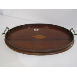 SHERATON-REVIVAL MAHOGANY OVAL TWIN HANDLED TRAY, with conch shell inlaid medallion, 43cm width