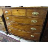 HEPPLEWHITE, inlaid mahogany bow front chest of 3 short and 3 long graduated drawers, stamped