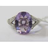 18ct WHITE GOLD & AMETHYST DIAMOND RING, principal oval cut amethyst approx 5 carat with accent