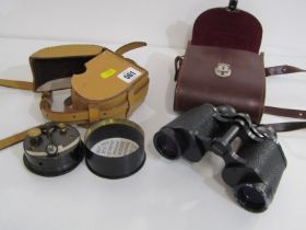 ZEISS, leather cased pair of prismatic binoculars, 8 x 30; also leather cased clinometer by Barker &