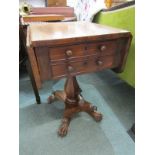 EARLY VICTORIAN DROP LEAF NEEDLEWORK TABLE, quatrefoil base with carved lion claw feet and hexagonal