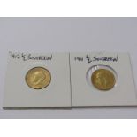 GOLD HALF SOVEREIGNS, two George V gold half sovereigns 1911 & 1912, good grades