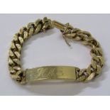 RETRO 9ct YELLOW GOLD BARK EFFECT ID BRACELET, with previous owners initials , 109 grams, tongue