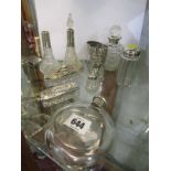 ANTIQUE PERFUME BOTTLES, 2 silver mounted cut glass perfume bottles, hip flask, 2 lidded pin jars,
