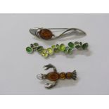 2 SILVER BROOCHES, 1 silver pendant, amber brooch in form of a lobster, organic form amber brooch