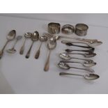SILVER CUTLERY, collection of assorted silver cutlery including 3 serviette rings, condiment
