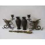 METALWARE, pair of brass chimera tabletop candlesticks; also pair of Eastern bronzed 15cm vases