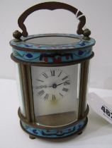 CHAMPLEVE OVAL MINIATURE CARRIAGE CLOCK, 9cm height