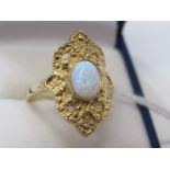 9ct YELLOW GOLD OPAL SOLITAIRE RING, unusual Art Nouveau style setting, approx 4.3 grams, size O/P