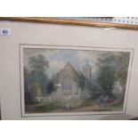 19TH CENTURY ENGLISH SCHOOL, watercolour "Outside the Church", 27cm x 43cm