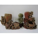 ORIENTAL SCULPTURES, collection of 4 Chinese carved soapstone vases, 18cm height