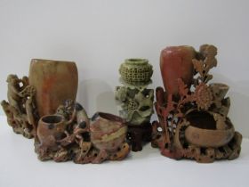 ORIENTAL SCULPTURES, collection of 4 Chinese carved soapstone vases, 18cm height