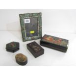 RUSSIAN PAPIER MACHE rectangular gift box 'St Nicolas', similar hexagonal ring box, 2 other boxes