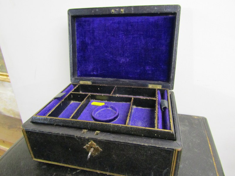 ANTIQUE DOCUMENT BOX, black leather cased document box with brass inset handle, 38cm width, and - Image 2 of 5