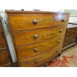 EARLY VICTORIAN MAHOGANY BOW FRONT CHEST, 4 long graduated drawers with figured facades, wooden knop